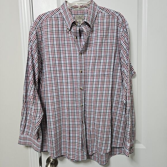 L.L Bean Wrinkle Resistant Button Up Shirt Men's Lg Blue Red White Check Pocket - Picture 1 of 8